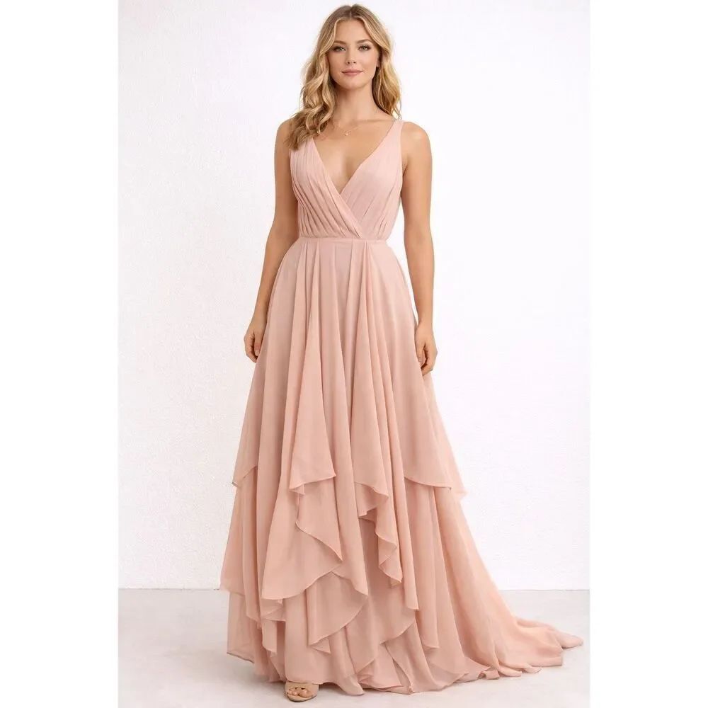 NWT Lulus Blush Pink Pleated Maxi Dress V Neck Tiered Formal Gown Size S